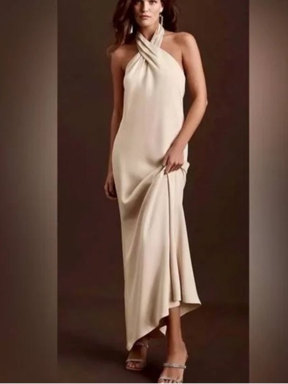 Anthropologie BHLDN Twist Neck Halter Open Back Maxi Gown size 18 tan champagne